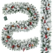 9 ft Pre-Lit Christmas Garland, Snowy Flocked Garland Decorated for Outdoor Indoor Fireplace Mantel Door Railing Christmas Tree Xmas Holiday